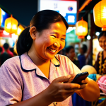 A bustling, vibrant Malaysian night market (pasar malam) scene. An elderly local small business vendor, a warm smile on their face, is holding a smartphone, cautiously accepting a QR code payment from a friendly young customer. The stall is adorned with colorful, traditional goods, and the background shows the lively, blurred activity of other shoppers, illuminated by warm lights. The image conveys the blending of tradition with modern digital transformation, emphasizing intergenerational learning and local community adoption. Realistic photography, warm tones, shallow depth of field.