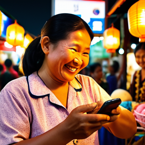 Home 11 A bustling, vibrant Malaysian night market (pasar malam) scene. An elderly local small business vendor, a warm smile on their face, is holding a smartphone, cautiously accepting a QR code payment from a friendly young customer. The stall is adorned with colorful, traditional goods, and the background shows the lively, blurred activity of other shoppers, illuminated by warm lights. The image conveys the blending of tradition with modern digital transformation, emphasizing intergenerational learning and local community adoption. Realistic photography, warm tones, shallow depth of field.