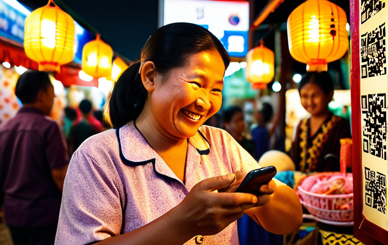 A bustling, vibrant Malaysian night market (pasar malam) scene. An elderly local small business vendor, a warm smile on their face, is holding a smartphone, cautiously accepting a QR code payment from a friendly young customer. The stall is adorned with colorful, traditional goods, and the background shows the lively, blurred activity of other shoppers, illuminated by warm lights. The image conveys the blending of tradition with modern digital transformation, emphasizing intergenerational learning and local community adoption. Realistic photography, warm tones, shallow depth of field.
