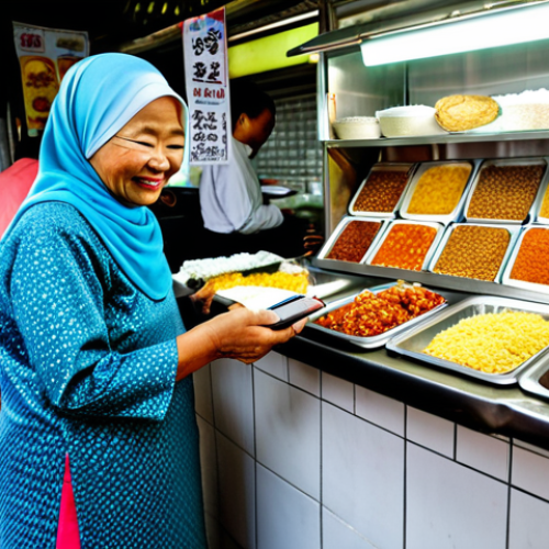 Home 6 A friendly older Malay woman, akin to Mak Cik Kiah, stands behind a vibrant nasi lemak stall at a bustling Malaysian pasar tani. She wears modest, traditional attire, including a batik blouse. She is smiling warmly as a customer uses a smartphone to scan a DuitNow QR code for payment. The stall is clean and features neatly arranged packets of nasi lemak and local snacks. The scene is captured with professional photography, natural lighting, and a clear focus. safe for work, appropriate content, fully clothed, modest clothing, family-friendly, perfect anatomy, correct proportions, natural pose, well-formed hands, proper finger count, natural body proportions.