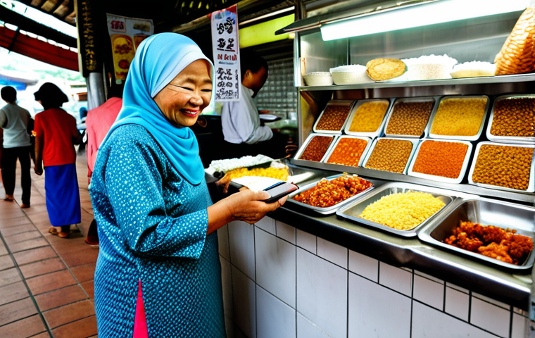 A friendly older Malay woman, akin to Mak Cik Kiah, stands behind a vibrant nasi lemak stall at a bustling Malaysian pasar tani. She wears modest, traditional attire, including a batik blouse. She is smiling warmly as a customer uses a smartphone to scan a DuitNow QR code for payment. The stall is clean and features neatly arranged packets of nasi lemak and local snacks. The scene is captured with professional photography, natural lighting, and a clear focus. safe for work, appropriate content, fully clothed, modest clothing, family-friendly, perfect anatomy, correct proportions, natural pose, well-formed hands, proper finger count, natural body proportions.